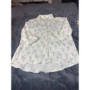 C&C California Palm Tree Print Linen Tunic Shirt Womens L White‎
